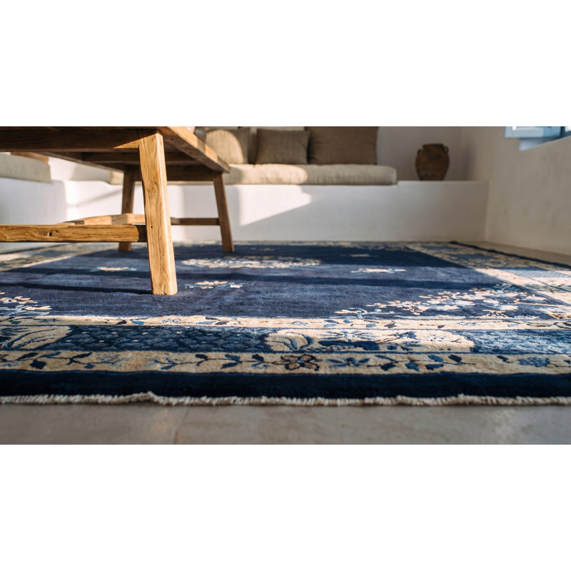 Chinese Rectangle 1900s Blue Knotted - Peking Antique Wool Room Size Rug