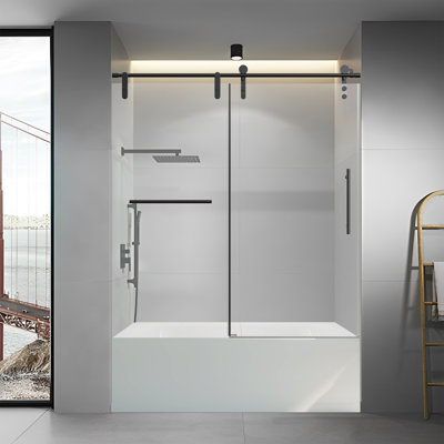 Portes de douche coulissantes simples sans cadre de l 56 à 60 po x H 66 po, porte de douche coulissante pour salle de bain avec porte-serviettes et poignée auxiliaire, porte en verre trempé Sgcc de 5/16 po (8 mm) d'épaisseur, noir mat