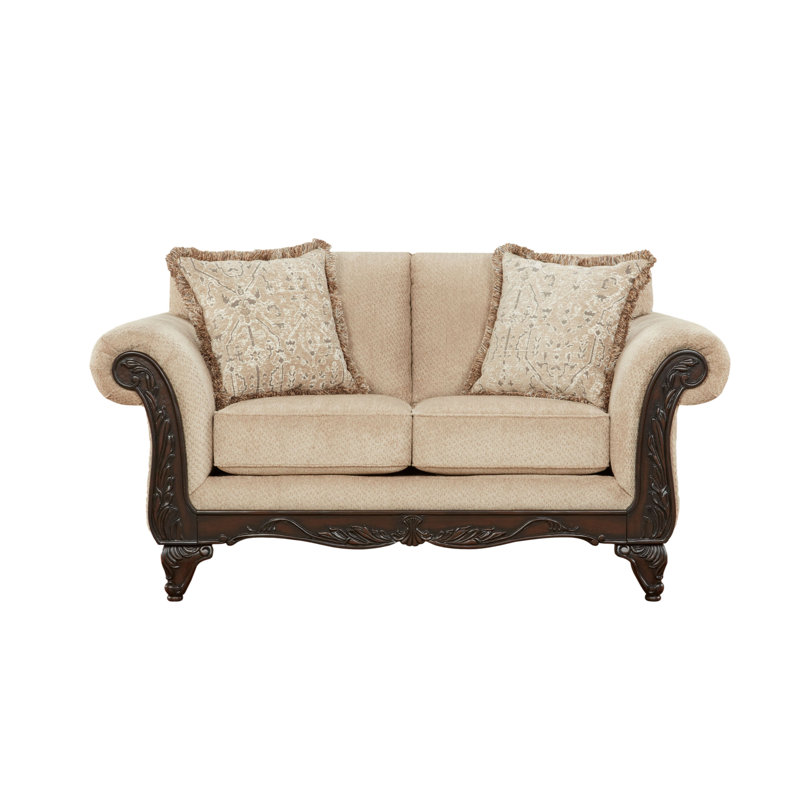 Halima Carved Wood Frame Loveseat, Beige Wheat