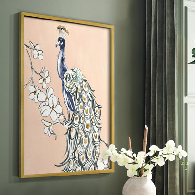«Peacock in Gold IV», reproduction encadrée - bois massif