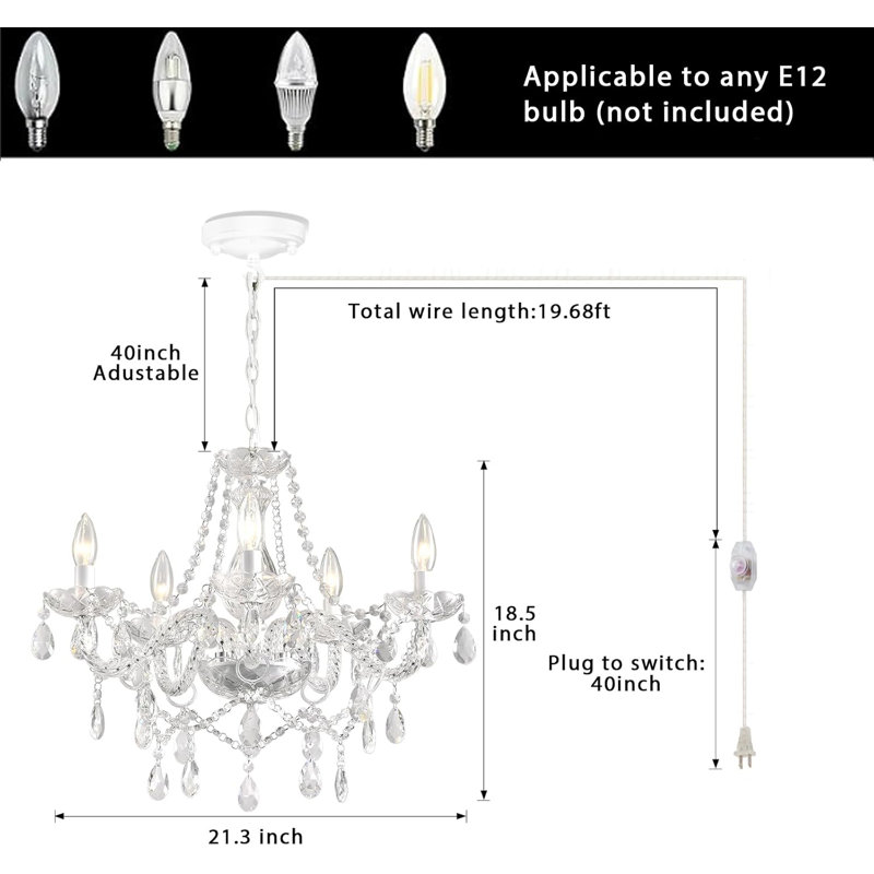 Dimmable Plug-in Glass Chandelier 5 Light Crystal (Bulbs Included), White Hanging Pendant Light, White