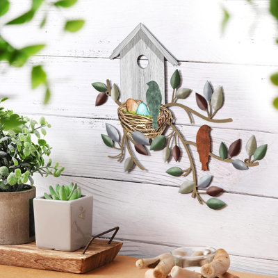 Décoration murale en métal pour oiseaux en plein air avec arbre suspendu et cabane à oiseaux pour le salon