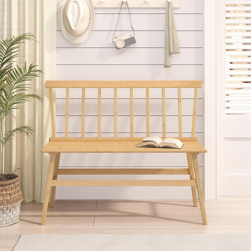 Bamboo Entryway Bench, Farmhouse Dining Bench with Spindle Back Wood Windsor for Foyer Balcony Living Room , Natural