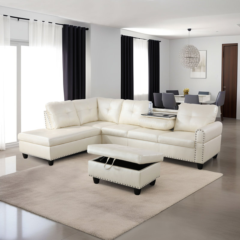 Canapé modulaire avec repose-pieds Plyler, Orienté à gauche (vu de face), Simili cuir blanc