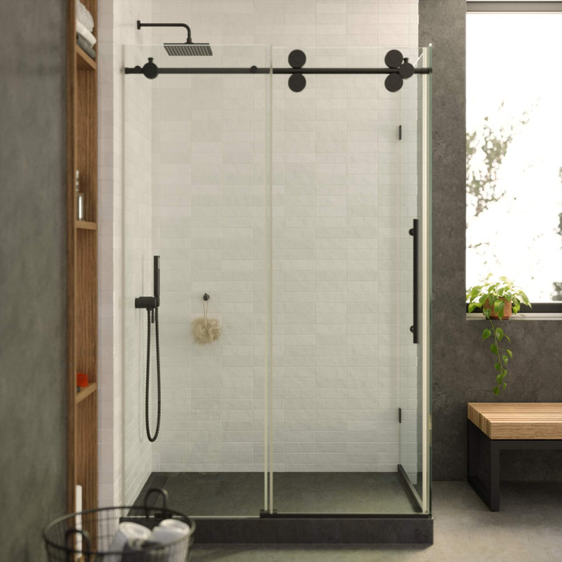 48.25'' Black Tempered Glass Sliding Frameless Shower Door