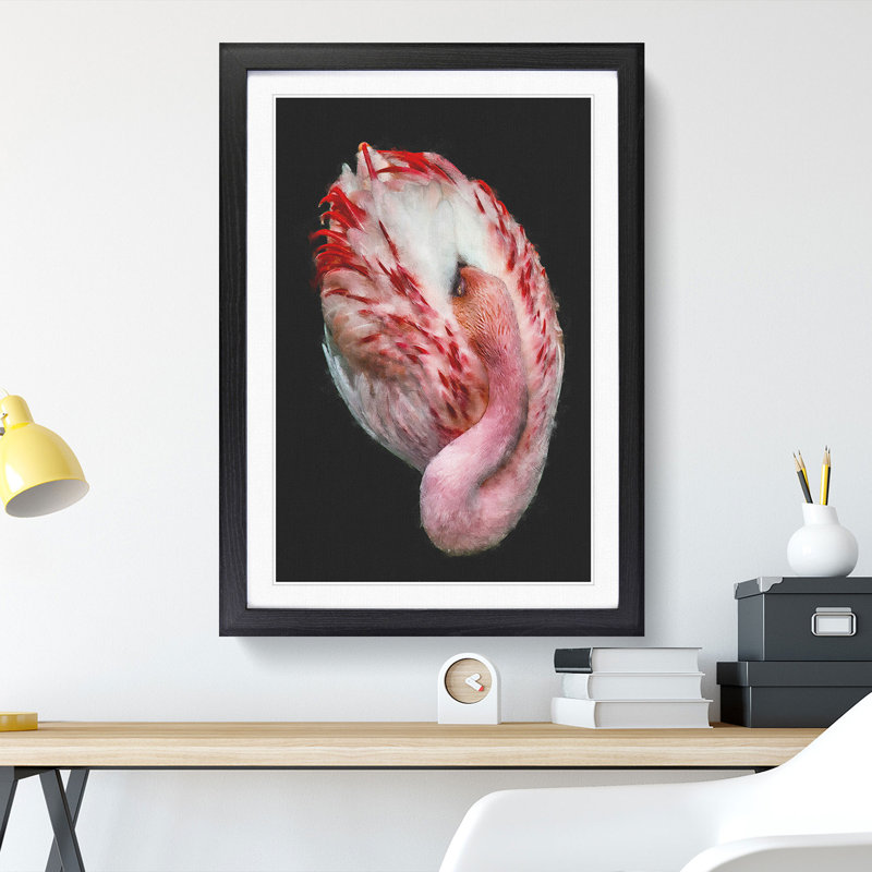 Curled Flamingo - Picture Frame Painting, 36cm H x 27cm W x 2cm D, Black Framed