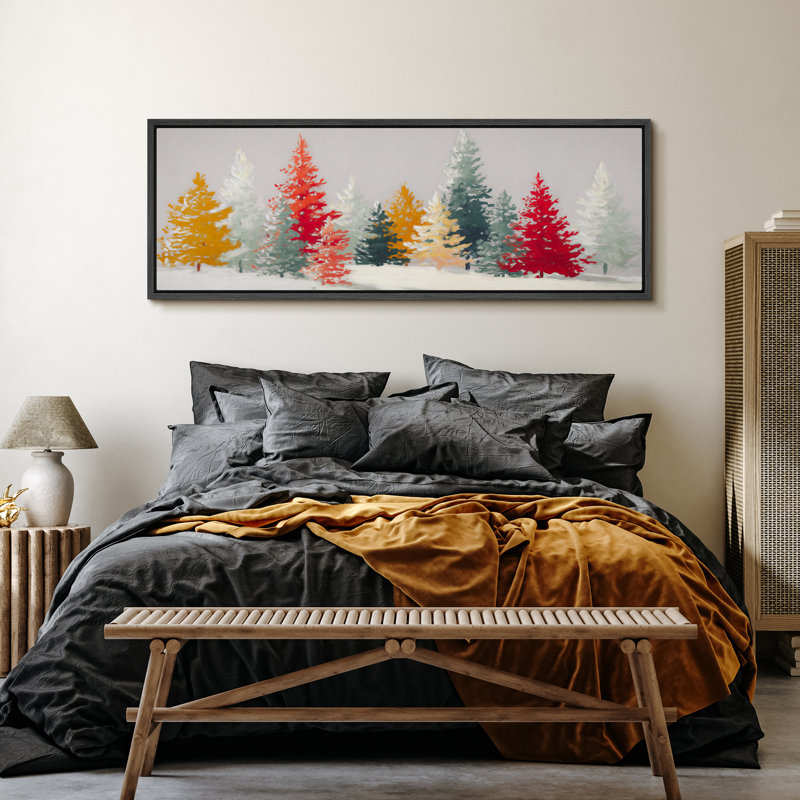 «Christmas Holiday Celebration Colorful Snowy Pine Forest», très grande image, impression sur toile encadrée, Noir