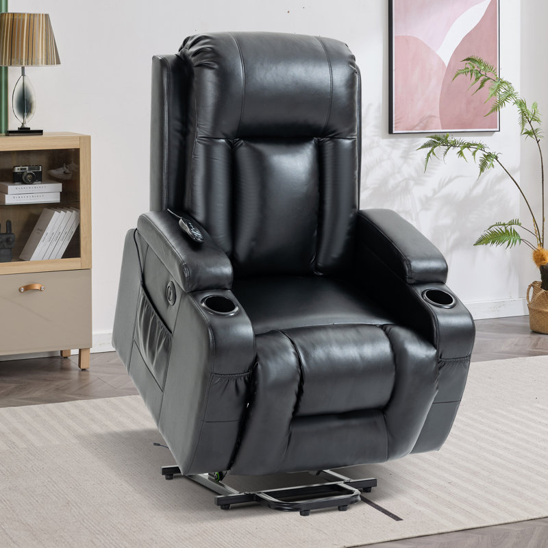Aura 39.8" W Power Lift Recliner, Massage Heat, Cup Holders, Pockets, Black
