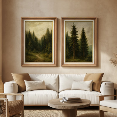 Tranquil Pine Forest Nature Landscape in Deep Green and Earth Tones Rustic or Cabin Decor - Set of 2 Premium Framed Wall Art Print on Paper 26"x36"
