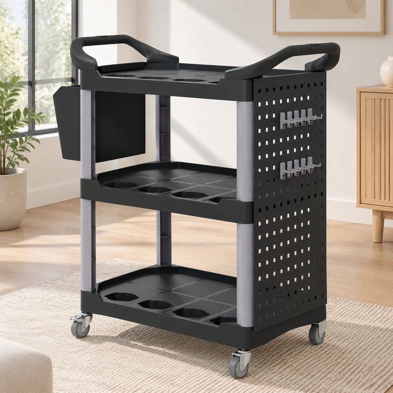 Chariot utilitaire roulant à 3 niveaux avec roues, panneaux perforés et bac, chariot de rangement d'outils en plastique de 90 kg (200 lb) pour garage, entrepôt et atelier, noir et gris pâle