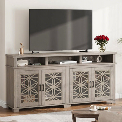Farmhouse TV Stand for 80 inch, Mid Century Modern Entertainment Center with LED Lights and Storage, Wooden Media Console Cabinet Furniture with Glass Door for Living Room Bedroom
