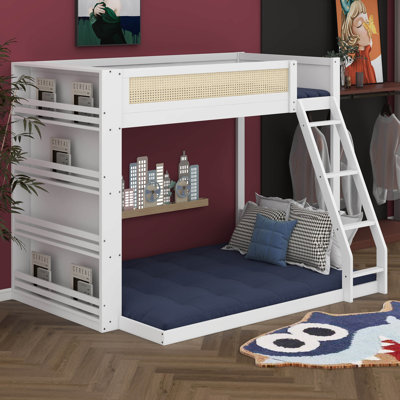 Wood Bunk Loft Bed Frame With Rattan Guardrail, Modern 4-Tier Bookshelf Integrated LED Lighting