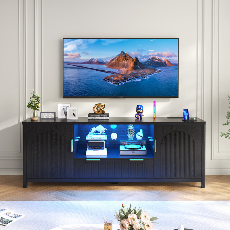 63" W Tv Stand With Motion-Activated Light And Built-In Charging Station, Black