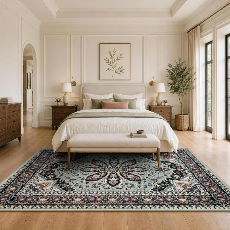 Tapis antidérapant lavable en machine à motif floral vintage - Vert et crème, Rectangle 5 pi x 7 pi