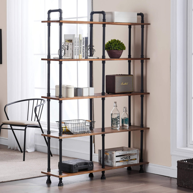 47'' W Freestanding Wood Bookshelf with Metal Frame, Large Open Shelves for Storage, (5 Shelves) 66.8" H x 42" W x 12" D