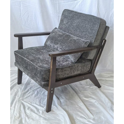 Chaise de salon simple de style Mid-Century, fauteuil moderne rembourré en tissu avec coussin lombaire et accoudoirs droits en bois, chaise d'appoint pour salon, chambre à coucher et bureau, gris foncé