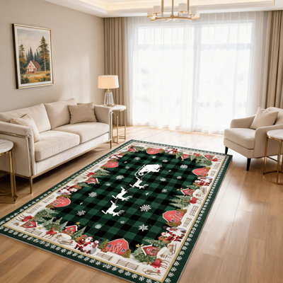 8 pi x 10 pi Tapis de Noël pâturages d'hiver lavable à grande surface Tapis antidérapant TPR à tissage plat tissé à plat Tapis moyen pour salon, salle à manger, salle familiale, rouge