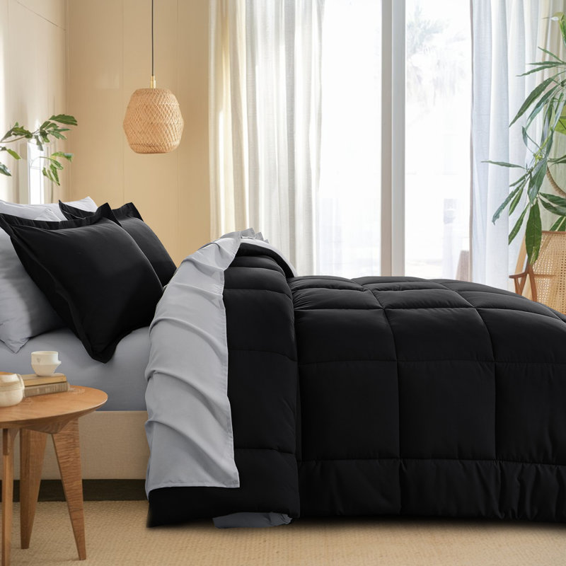 Ensemble d'édredon en microfibre 5/7-pièces , Édredon de grande taille et 6 pièces supplément, Noir / gris clair