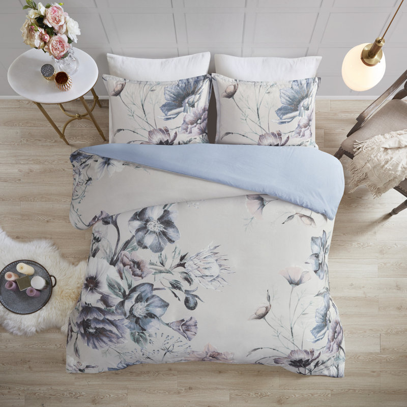 Maddy Blue Floral Cotton King/Cal King Duvet Cover Set