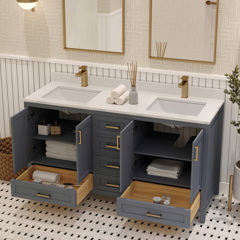 Rooh 60 " W Freestanding Standard Free Standing Single Double Vanity Bathroom Vanity With White Quartz Top, Gray