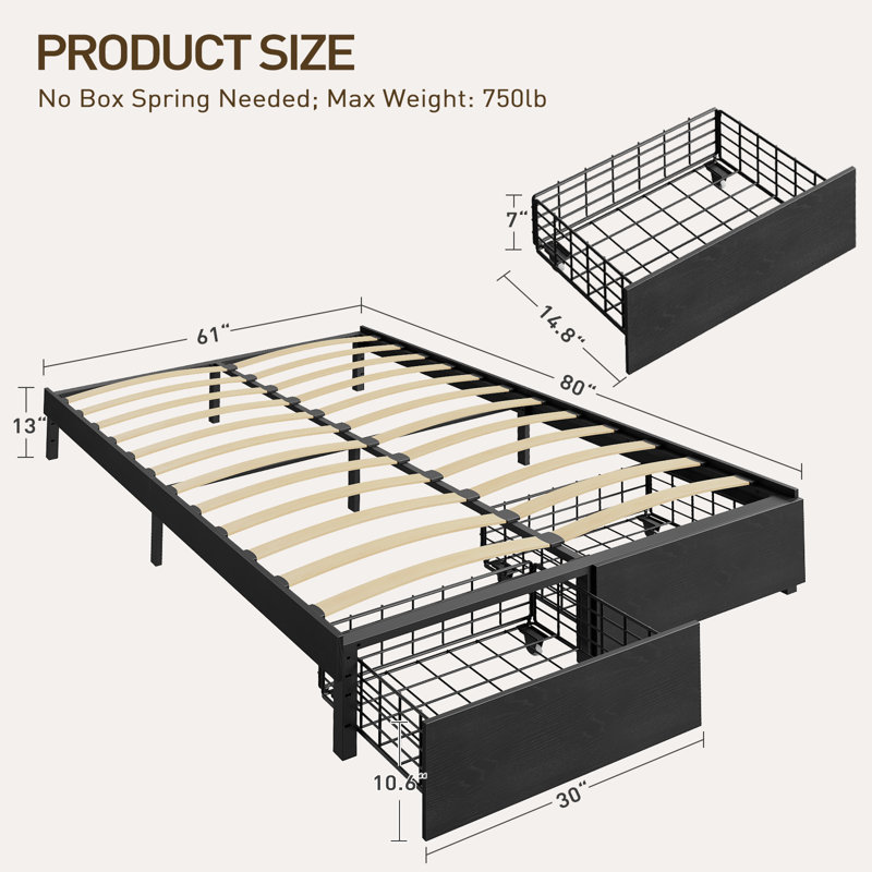 Full Bed Frame with 2 Storage Drawers, Full Size Bed Frame without Fixed Headboard, Wooden Slats, Noise Free, No Box Spring Needed