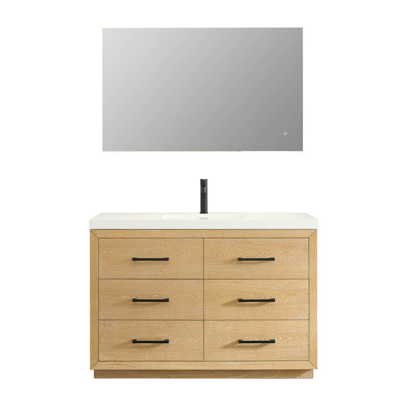 Ensemble de meuble-lavabo simple 48 po en chêne blanc avec miroir artificiel Abia
