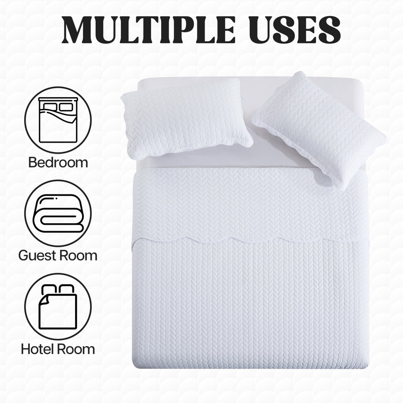 Embossed Quilted Bedspread Set – Soft Microfiber Coverlet With Pillow Shams, Hotel-Style Bedding For High Beds, White