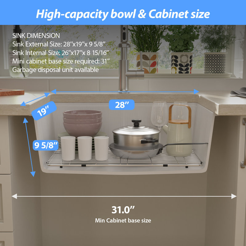 Quartz 28" X 19" Granite Composite Undermount Kitchen Sink Workstation Single Bowl Kitchen Sink, White