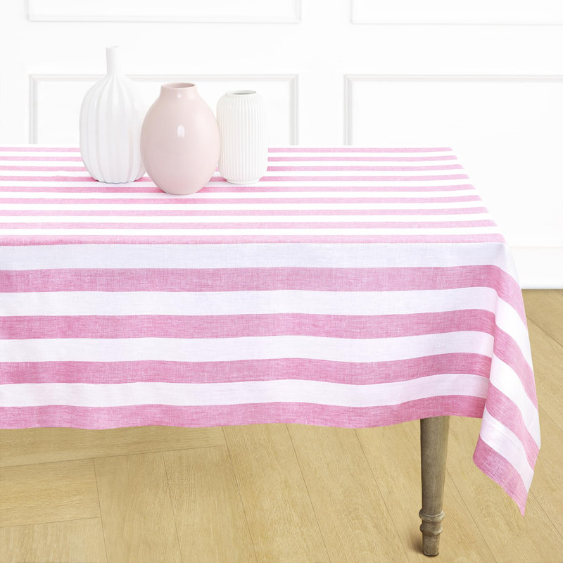 Cabana Stripe - 100% Pure Linen Tablecloth, 144" x 60", Pink/White