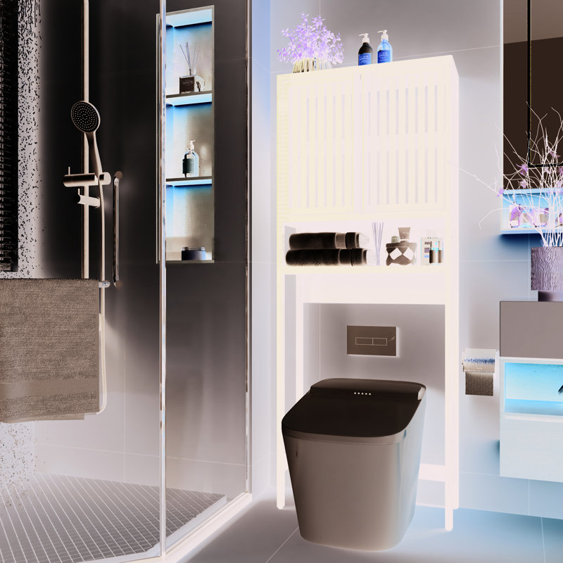 Support de toilette autoportant pour salle de bain et salle de lavage, très grande capacité, peu encombrant, beige noir gris, composants fins, tablette ouverte avec deux portes à persiennes, rangement rapide pour installation rapide