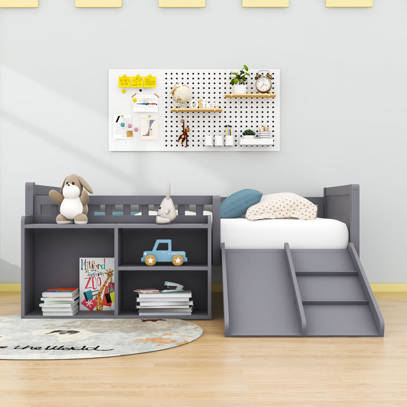 Twin Low Loft Bed with Slide, Movable Shelves and Guardrails, Gray