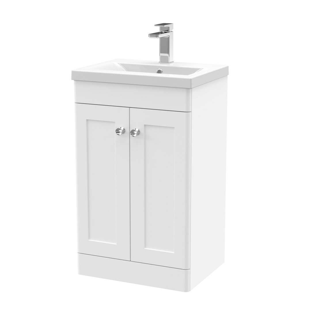 Nuie 500mm Floor Standing Vanity Unit & Basin - Satin White - 2 Door - Image 2