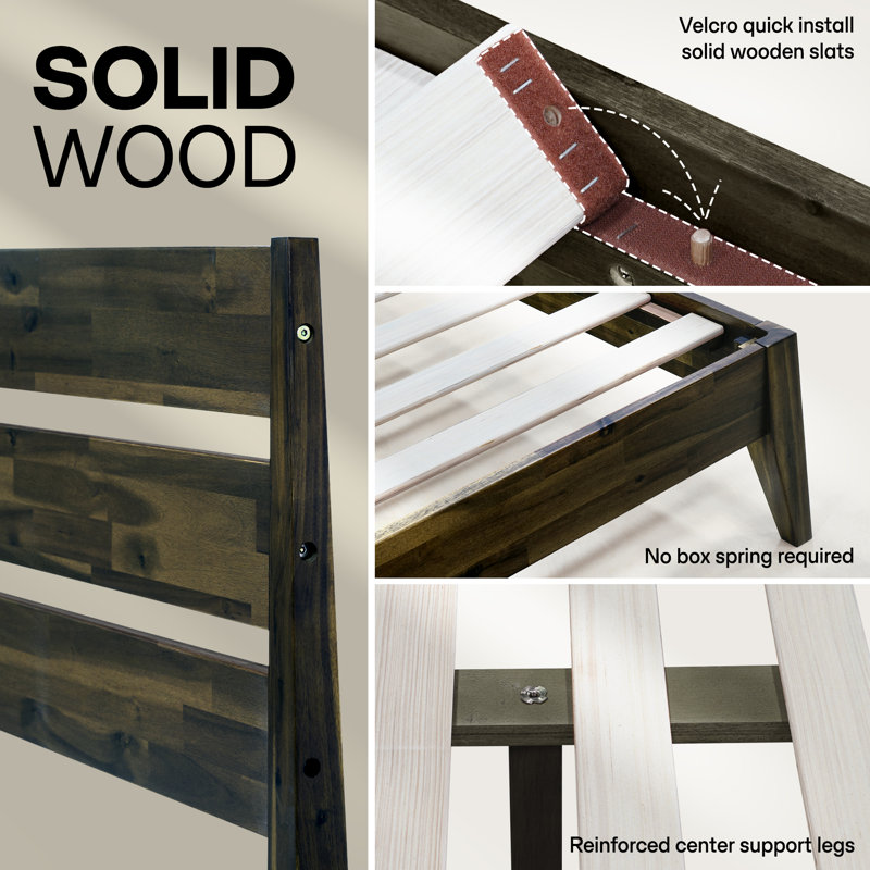 Base de lit plateforme en bois massif Acacia Premium Emery avec tête de lit incluse, aucun sommier requis, capacité de poids de 800 lb.