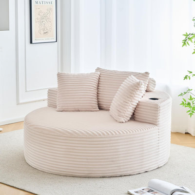 55 Inch Oversized Round Chaise Lounge Chair with Cup Holders Grey Corduroy Circle Couch No Assembly
