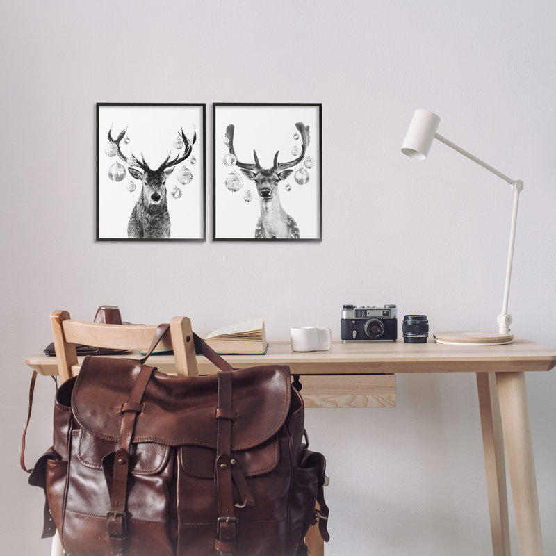 «Black and White Disco Deer», ensemble de 2 giclées encadrées par Victoria Barnes, Giclée encadrée noir minuit
