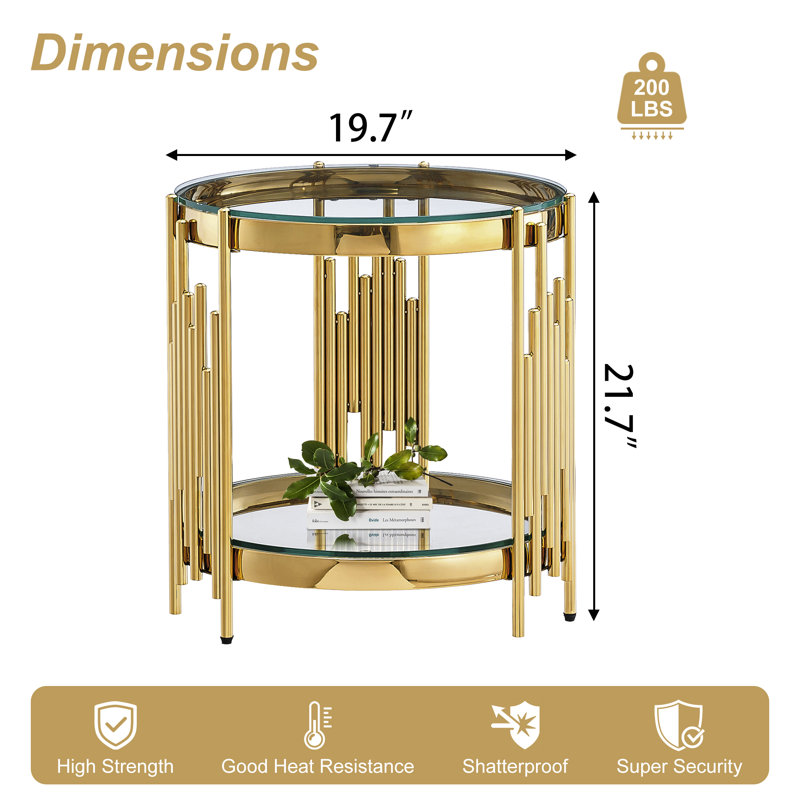 19.69" Round End Table, Two-Tier Tempered Glass And Irregular Cylindrical Stainless Steel Frame, Clear, Gold