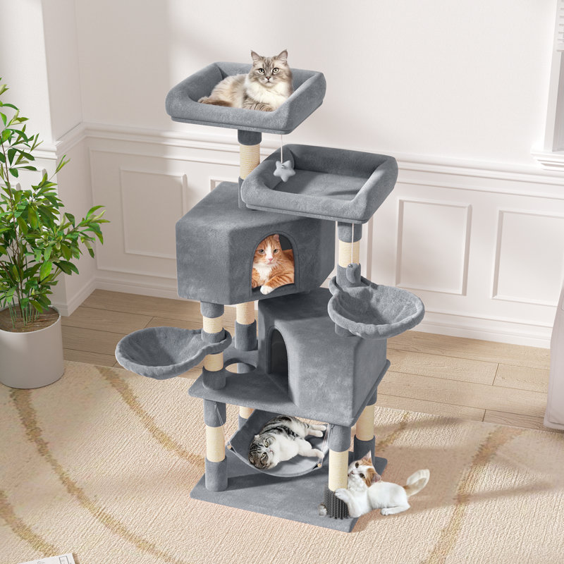 57.5" Large Multi-Level Cat Tree With Sisal Posts, 2 Cubbies, 2 Perches, And 3 Hammocks For Indoor Cats, Grey