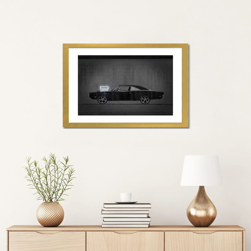 Impression d’art graphique « charger » par octave Mielu, Blanc, H 16 po x l 24 po x P 1 po, Papier encadré doré