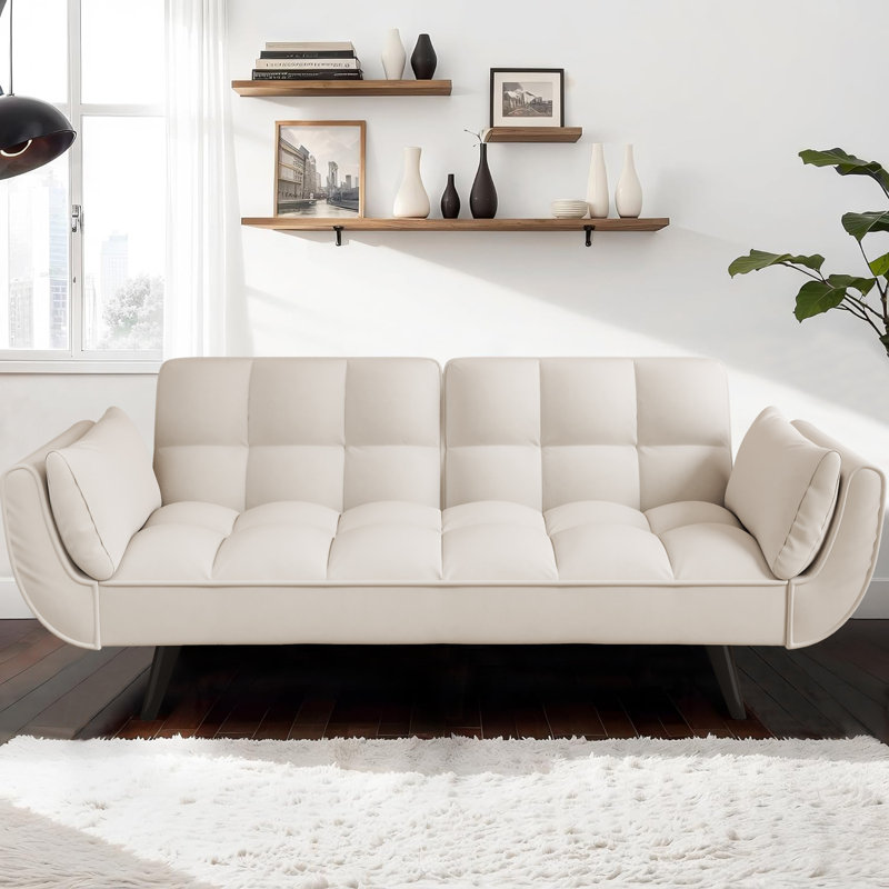 74 Inch Convertible Futon Sofa Bed - 2-Seat Neutral Tone Loveseat with Adjustable Backrest, Soft Upholstered Sleeper Sofa for Small Space Apartment, Beige