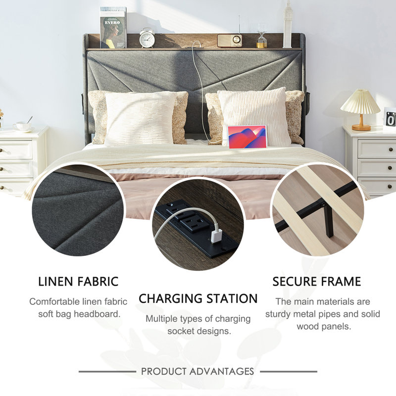 Lit double Platform Lit plateforme confortable avec tiroirs de rangement - Un mélange de confort, de fonctionnalité et de design chic, aucun sommier nécessaire, assemblage facile （Gris）