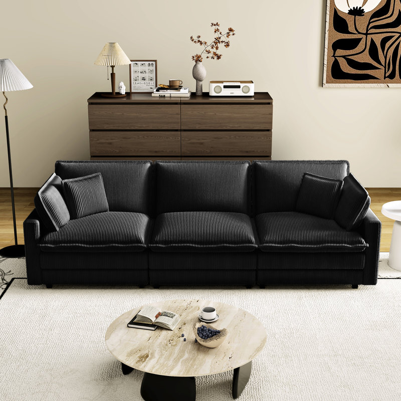 3 modulaires noirs avec 4 coussins, velours côtelé et ressorts pour la longévité, siège profond amovible, idéal pour regarder la télévision dans le salon