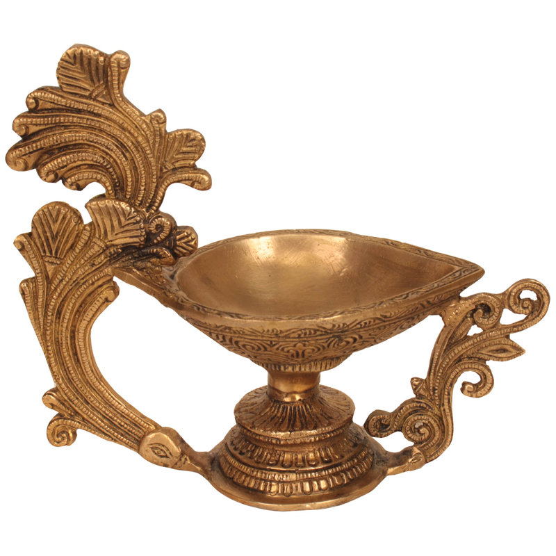8" Traditional Brass Oil Lamp with Handle - Handcrafted Indian Diya for Temple Home Decor