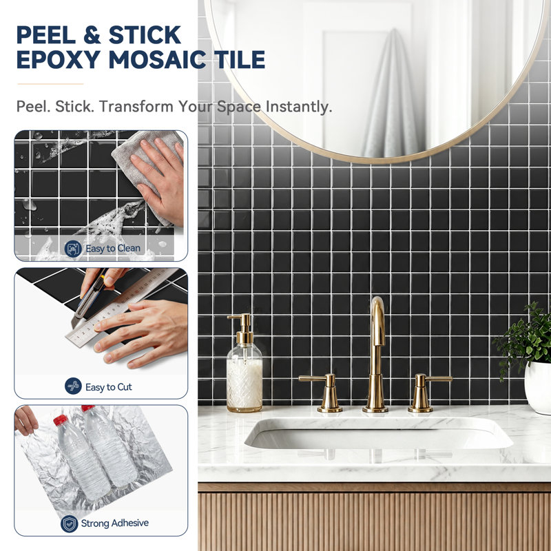 Carreau de dosseret carré à texture brillante 3D 11,81 po x 11,81 po, carreaux muraux imperméables et auto-adhésifs pour cuisine et salle de bain, housse plus épaisse de 2 mm, 9,7 pi2