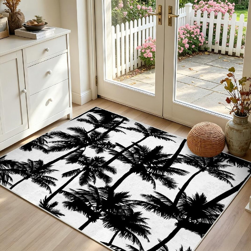 Tapis blanc lavable à la machine, palmiers noirs dessinés pour l'intérieur, Rectangle 39 po x 63 po