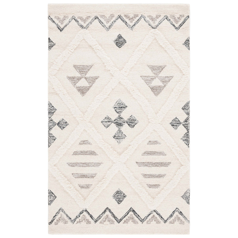 Azaruddin Hand Tufted Wool/Cotton Geometric Rug in Ivory/Black, Rectangle 3' x 5'