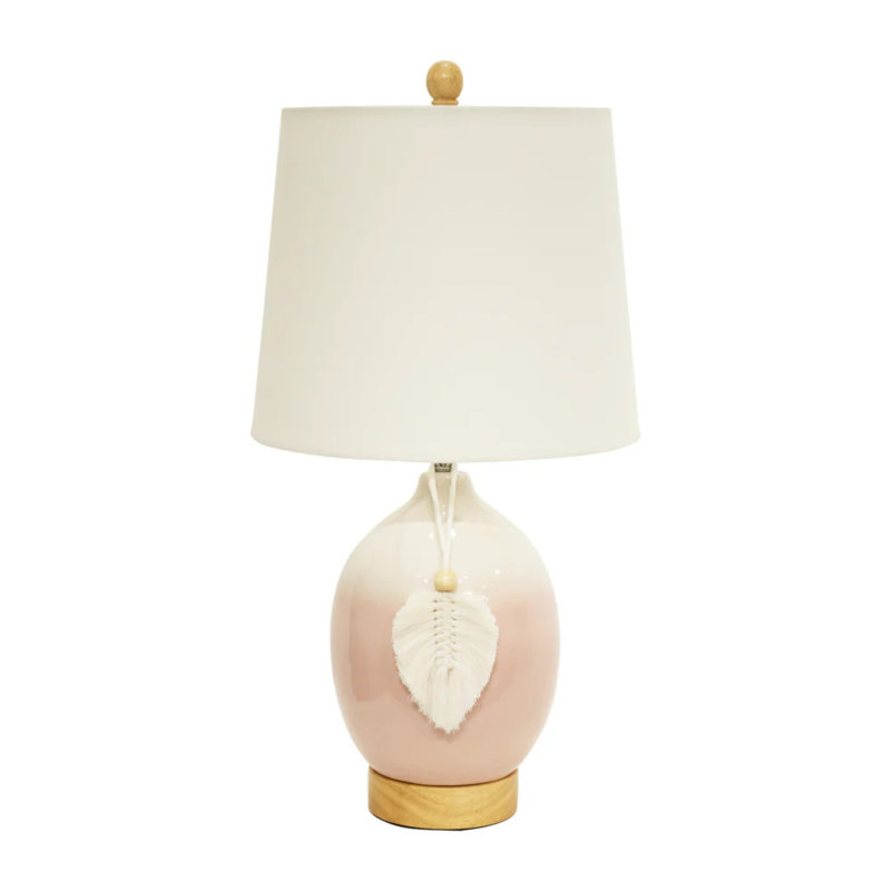 Lampe de table en céramique avec base dégradée bleue, décor en bois, abat-jour en tissu blanc, pampille décorative, éclairage moderne, homologué UL