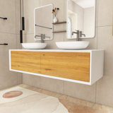63 In. W X 21.7 In. D X 15.7 In. H Double Sinks Wall Mounted Bath Vanity In F.Oak With White Solid Surface Top