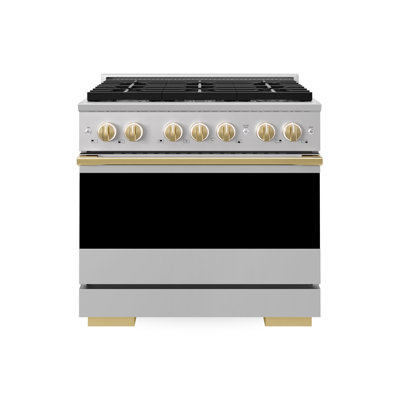 ZLINE Autograph 36 in. 5.2 cu. ft. Marino Dual Fuel Range with 6 Gas Burners & Gold Accents