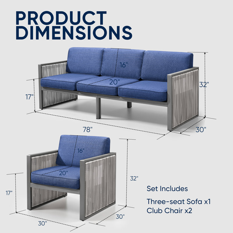 Trinie Outdoor 3-Piece PE Wicker Patio Set With Cushions, Blue