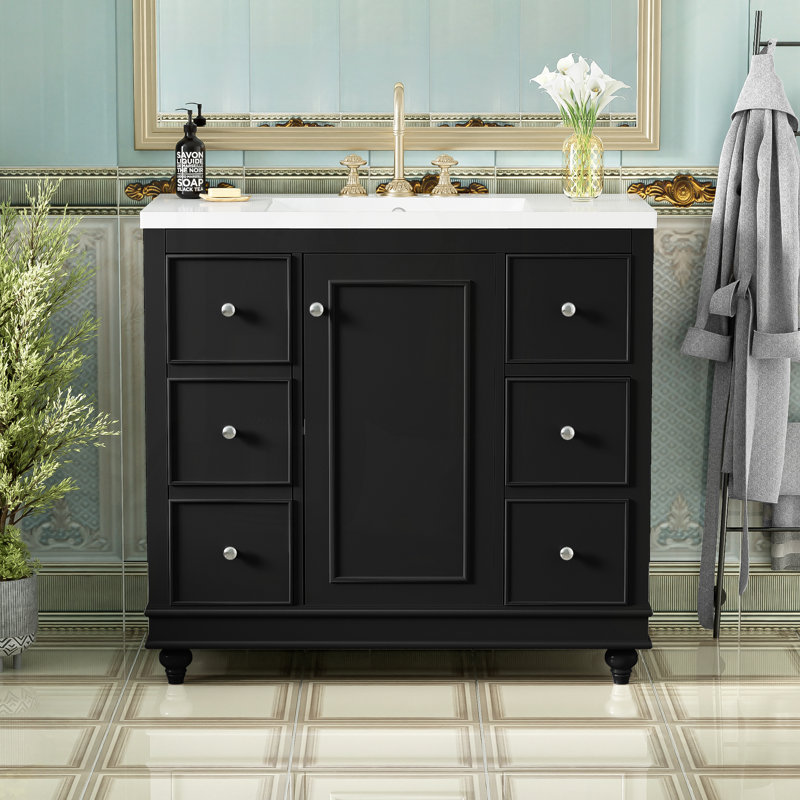Meuble-lavabo simple 33,87 po avec plateau en résine Saiden, Noir, noir, noir, noir